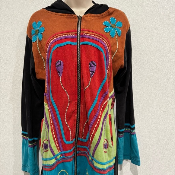 Rising International Long Zip Up Jacket Size L Boho Hippie Floral Patchwork - Picture 4 of 11
